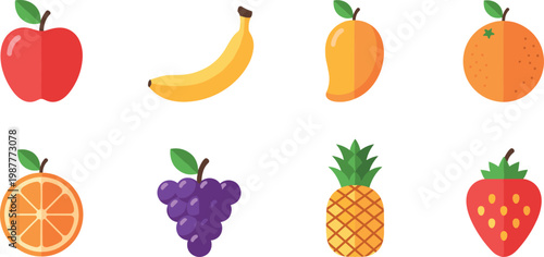 Flat fruit icon set featuring apple banana mango orange grape pineapple strawberry minimal colorful vector collection for food design