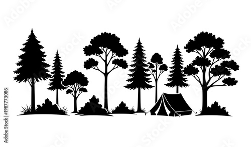 Forest silhouette with campsite vector trees outdoor hiking camping nature scene