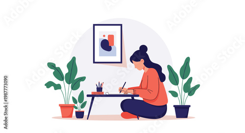 Calm female character sitting on the floor while working or studying at a low desk surrounded by green houseplants in a peaceful home environment.