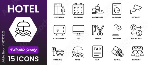 Hotel line icon set. Hostel, apartment, reception, hotel maid, bell boy, room and more. Outline vector icon in linear style. Pictogram collection