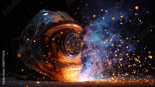 Futuristic helmet emitting sparks and colorful particles in a dark setting, showcasing advanced technology