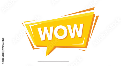Energetic bright yellow speech bubble with the word WOW written in white bold letters against a clean white background for marketing impact.