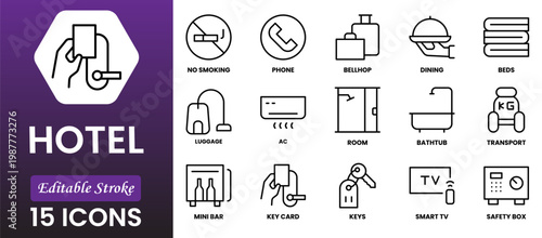 Hotel line icon set. Hostel, apartment, reception, hotel maid, bell boy, room and more. Outline vector icon in linear style. Pictogram collection
