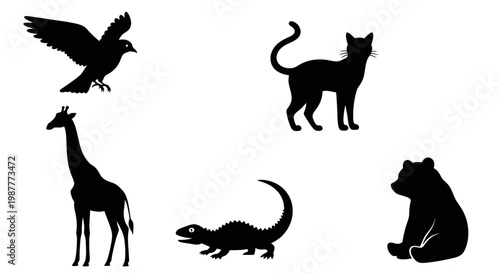 Black silhouettes of various wild animals.