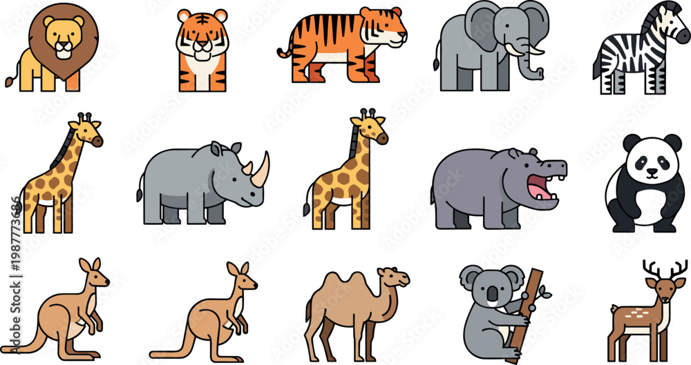 Fototapeta premium Minimal outline wild animal icon set featuring lion tiger elephant zebra giraffe kangaroo panda camel deer vector collection