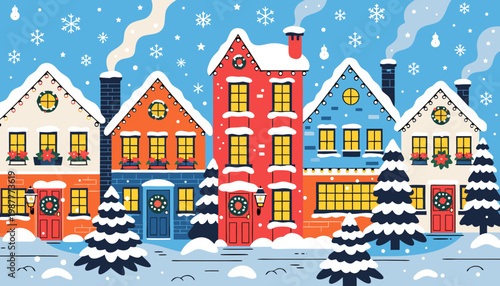 Colorful winter houses, snow-covered roofs, festive village scene, vector illustration