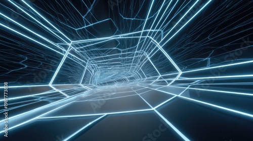 Futuristic digital tunnel with glowing lines, creating a sense of speed and motion in a cyber landscape