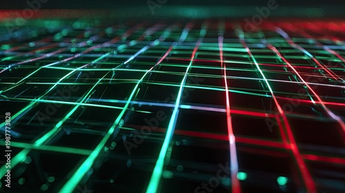 Abstract glowing grid pattern with vibrant colors creating a futuristic digital landscape