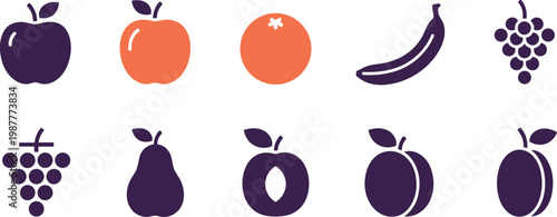 Flat fruit icon set featuring apple orange banana grape pear plum minimal vector collection for healthy food design