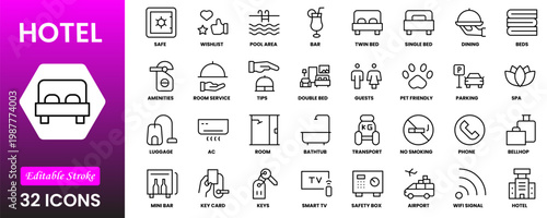 Hotel line icon set. Hostel, apartment, reception, hotel maid, bell boy, room and more. Outline vector icon in linear style. Pictogram collection
