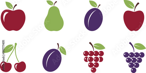 Cuadro en lienzo Flat fruit icon set featuring apple pear plum cherry grape minimal vector collec