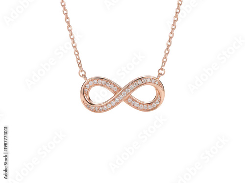 Elegant rose gold necklace featuring a polished infinity symbol pendant paved with sparkling diamonds hanging on a delicate chain isolated transparent background image