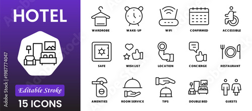 Hotel line icon set. Hostel, apartment, reception, hotel maid, bell boy, room and more. Outline vector icon in linear style. Pictogram collection