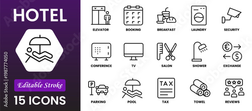 Hotel line icon set. Hostel, apartment, reception, hotel maid, bell boy, room and more. Outline vector icon in linear style. Pictogram collection