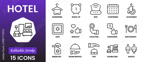 Hotel line icon set. Hostel, apartment, reception, hotel maid, bell boy, room and more. Outline vector icon in linear style. Pictogram collection