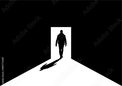 A stark black-and-white silhouette of a man walking through a glowing rectangular doorway into a dark room, casting a long shadow on the bright floor.