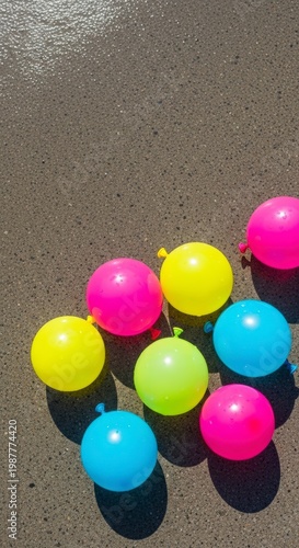 Colorful balloons on sandy beach shore.