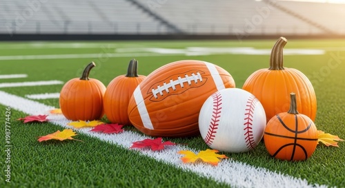 Autumn Sports Celebration with Pumpkins and Football on Field.