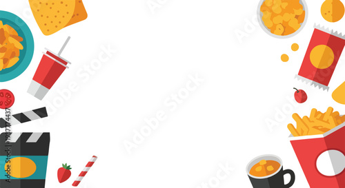 A vibrant vector illustration features various snacks, drinks, and movie elements framing a central white space for your text.