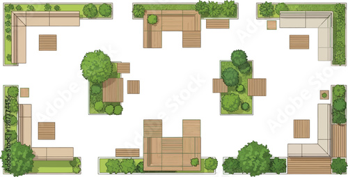 Top view vector illustration of a modern landscape architectural site plan featuring wooden seating areas and green garden spaces