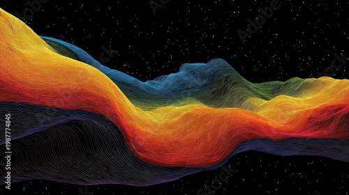 Colorful abstract wave pattern with flowing lines and gradients against a black starry background