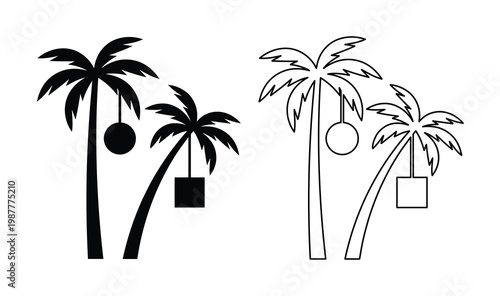 Tropical palm tree silhouettes with hanging Christmas ornaments, festive summer holiday vector icons, black and white beach vacation winter celebration