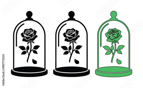 Enchanted rose in glass cloche dome vector set, black and green floral silhouettes, botanical garden flower bell jar icons for wedding decor
