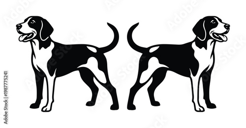 Beagle dog silhouette vector illustration, black and white hunting hound graphics, standing pointer dog icons for pet branding and logo design