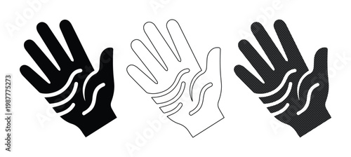 Minimalist hand palm icons with skin lines, black and white human hand silhouette set, flat vector palmistry and dermatology symbols