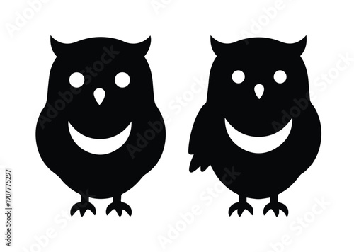 Minimalist owl silhouette vector icons, black bird character shapes for logo design, cute nocturnal animal graphics on white background