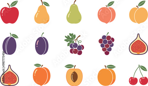 Colorful fruit icon set featuring apple pear peach plum grape fig cherry minimal vector collection for healthy food design