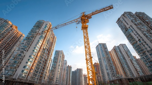 Construction site with a yellow crane amidst towering skyscrapers under a clear blue sky