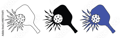 Pickleball paddle and ball vector icons, sports equipment hitting ball with motion burst, black and blue pickleball silhouettes for tournament logos