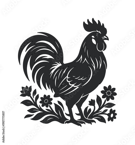 Vintage rooster silhouette vector, rustic farm animal illustration with floral accents, black cockerel bird icon for organic food branding and logo design