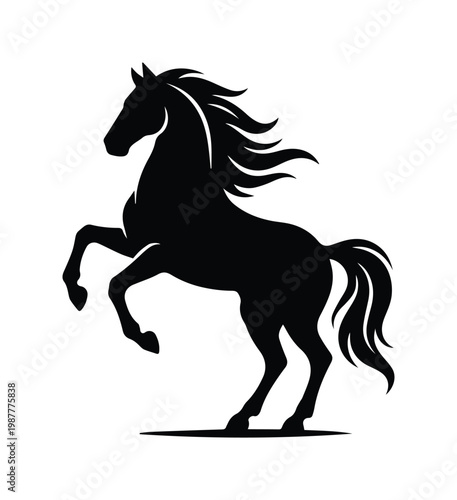 Majestic rearing horse silhouette, powerful black stallion vector icon, elegant equine profile with flowing mane, wild mustang animal logo