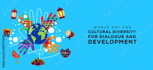 Colorful world day for cultural diversity illustration with global elements and hands around earth celebration