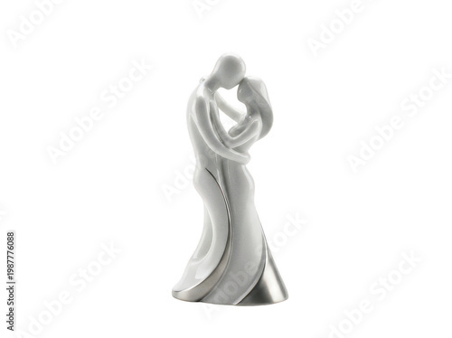Elegant white ceramic statue depicting a couple in a romantic embrace with smooth glossy textures and minimalist flowing design isolated transparent background image