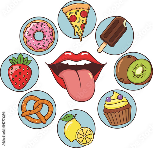 Tasty food craving cartoon vector with mouth and tongue, surrounded by donut, pizza, popsicle, fruits, pretzel, and cupcake icons