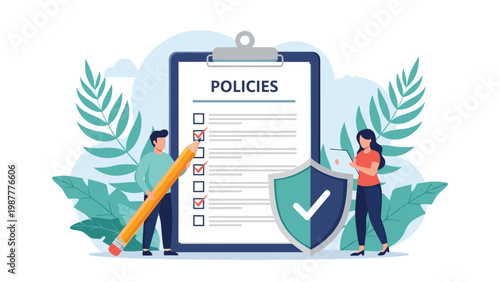 Professional team reviewing business policies and compliance guidelines on large clipboard with security shield icon for legal protection.