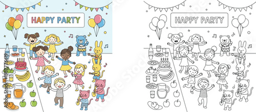Kids and animals celebrating a happy party with music and food, includes coloring book page version, vector illustration of birthday celebration with diverse children and cute pets.