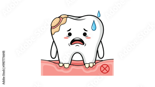 Sad cartoon tooth character with severe decay, plaque, and sweat drops feeling pain and needing urgent dental treatment or extraction.