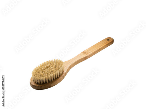 Ergonomic bamboo bath brush with natural bristles for gentle exfoliation and skin massage, showcasing a light wood texture and hanging hole, isolated transparent background image