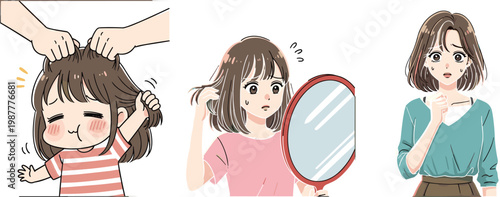 Hair loss and scalp problem concept illustration set with worried woman, mirror hair check, and child experiencing painful hair pulling