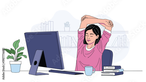 Young woman taking break from work to stretch her arms while sitting at desk with computer in cozy home office environment.