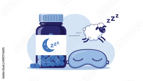 Concept of insomnia treatment and sleep aids featuring bottle of pills, sleeping mask, and counting sheep jumping over moon icon.