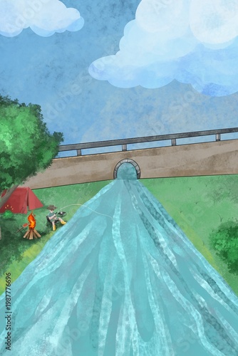 Illustration of camping scenery by the river while fishing