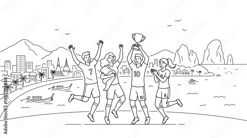 Obraz premium Soccer Team Celebrates Victory with Trophy on the Beach