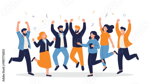 Large group of diverse happy young people jumping and celebrating together with confetti falling on white background in flat style.