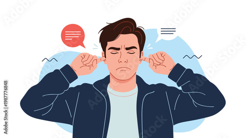 Young man closing his eyes and covering ears with fingers to block out loud noise or unpleasant speech in flat vector illustration.