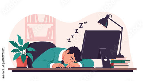 Overworked businessman character sleeping on his office desk with computer and books representing burnout and extreme fatigue.